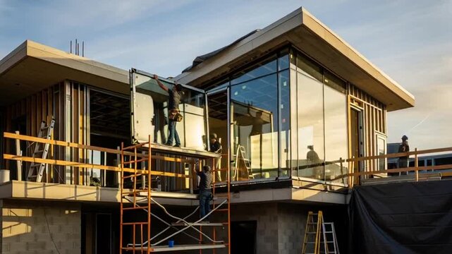 construction workers installing glass windows on modern building