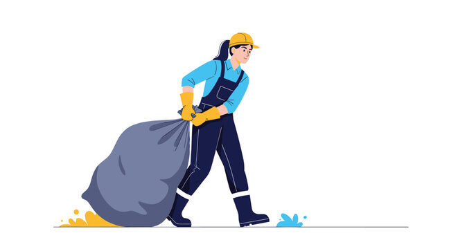 Female sanitation worker in protective gear and overalls drags a heavy grey garbage bag across a white surface.