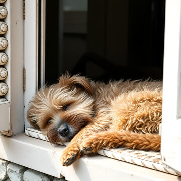 perro mascota durmiendo descansando al lado de un ventanal adorable amigable relajado