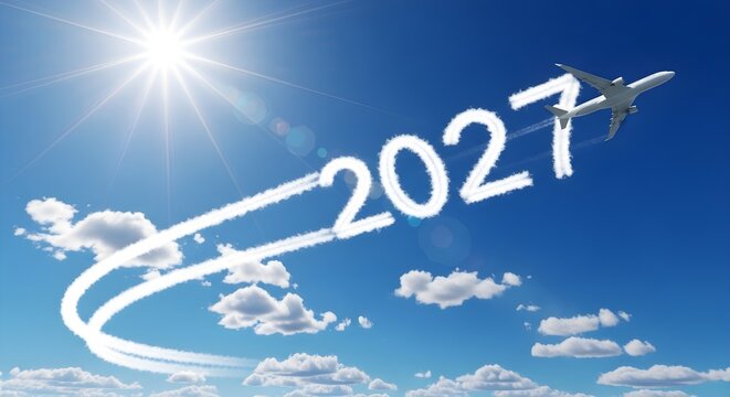 Airplane writing the year 2027 in the sky with bright sun and fluffy white clouds.