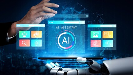 Fototapeta premium Futuristic AI Assistant Interface with Hand Interacting with Holographic Display and Robotic Arm in Digital Environment Gluon.