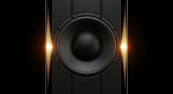 Close-up of a black speaker with a dark background and orange highlights.
