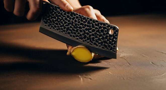 Close-up of a hand using a cleaver to cut a yellow object on a wooden surface.