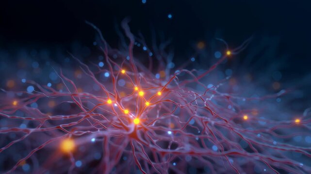 Glowing network signal brain nerve cell neurology science biology neuron synapse connections glowing neural web of interconnected nerve cell signals and brain network showing biology and neurology