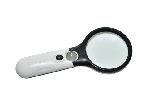 A handheld magnifying glass with illumination. The main lens has a 3X magnification, and the secondary lens has a 45X magnification.