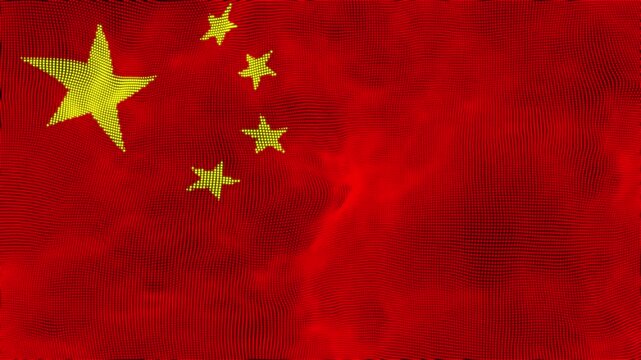 Realistic China Flag Waving in the Wind with Detailed Fabric Texture. Chinese National Flag Ripple Animation with Five Golden Stars. Seamless Loop of China Flag Waving Against Blue Sky Background
