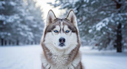 Fototapeta premium Majestic Siberian Husky with piercing blue eyes in a snowy winter forest setting