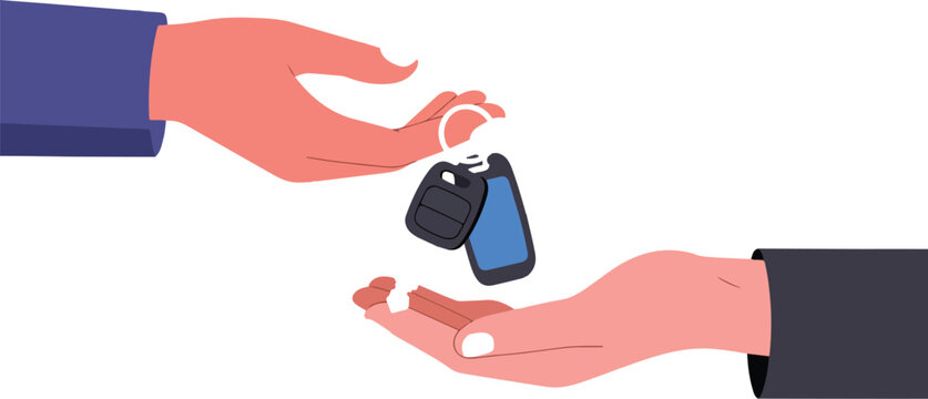 Car buying renting and sharing service concept with agent handing remote auto key to customer minimal outline vector illustration
