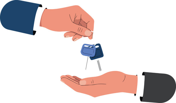 Car buying renting and sharing service concept with agent handing remote auto key to customer minimal outline vector illustration