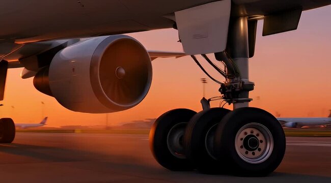 Close-up view of airplane landing gear and engine on tarmac at sunset