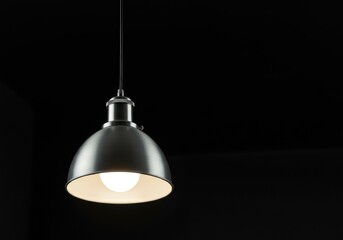 Obraz premium A single minimalist pendant light fixture hangs suspended from a high ceiling. The metallic light housing is blank and unlit, suspended, modern, cable