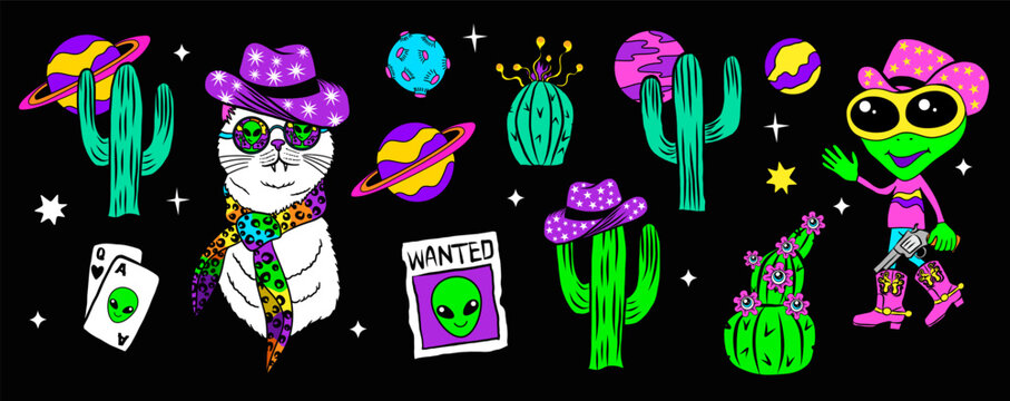 Space western cowboy cat, funny alien and fantasy cacti. Psychedelic cosmic wild west vector set
