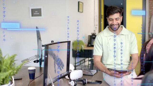 Man holding tablet reacting to colleague prompt, showing 3D render with blue overlays on tablet