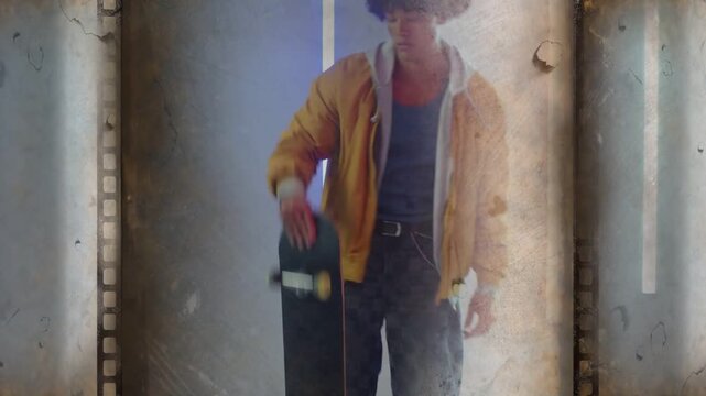 Skater pressing tail, balancing, lifting and showing board for sports promo with film-strip border