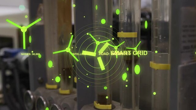 Neon AR graphic appearing over manifold tubes, turbines converging, showing smart grid balance