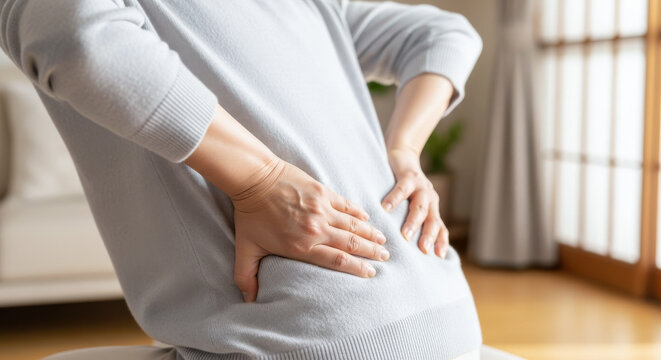 腰痛のシニア女性：痛い腰を押さえる高齢者