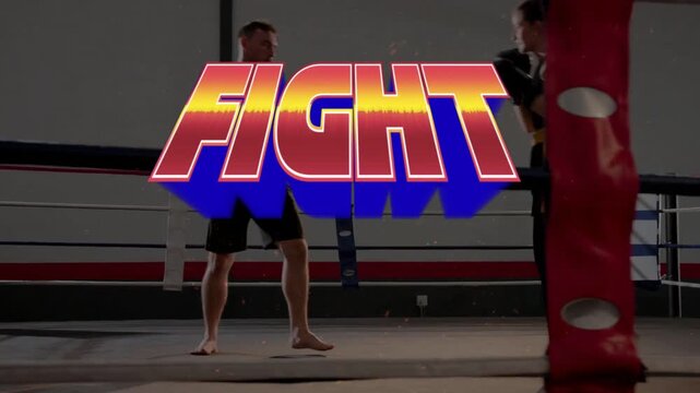 FIGHT title exploding, trainer and trainee sparring, woman throwing strikes for skill building