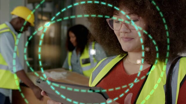 Site lead tapping tablet and checking plans in construction, causing AR rings surrounding crew
