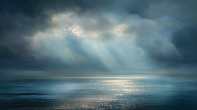 嵐の後の海に降り注ぐ神々しい太陽の光 薄明光線