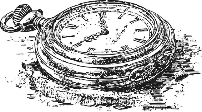 Vintage pocket watch illustration with decorative hands and roman numerals on cracked surface