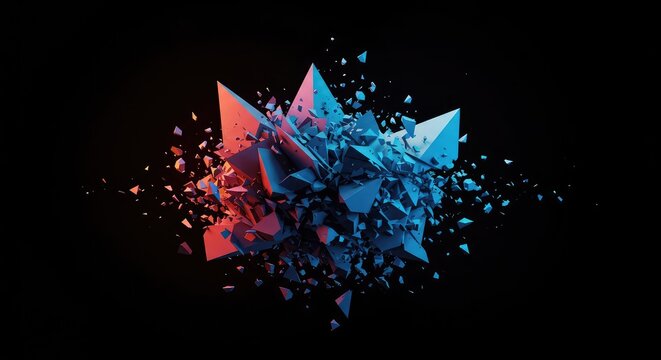 Abstract visual representation showing geometric forms shattering and shifting across a dark background, illustrating spatial change and movement, shapes, complexity, visualization