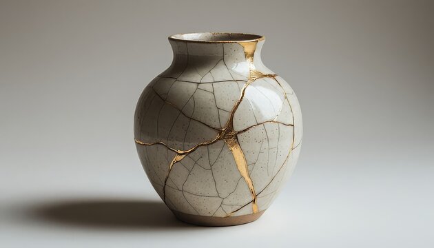The ceramic vase is elegantly displayed with prominent cracks and gold accents. The intricate design of the vase highlights its artistic craftsmanship and unique beauty.