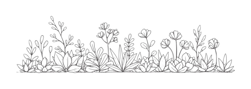 Hand drawn line border of various wildflowers and leaves leaf plant nature botanical