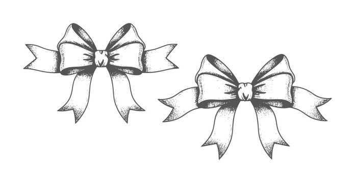 Two hand drawn grey bows with textured shading white ribbon gift decoration