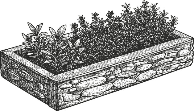 Raised garden bed with fresh herbs growing wooden planter box with thyme and rosemary plants for home gardening
