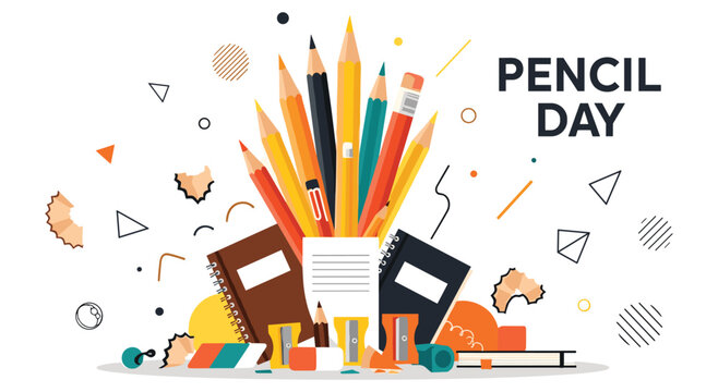 Pencil day celebration banner with colorful stationery supplies and notebooks