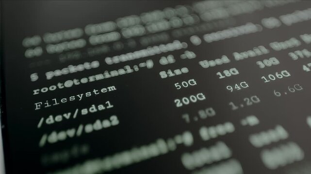 Computer terminal green text, ping, disk usage, memory, open ports, syslog entries