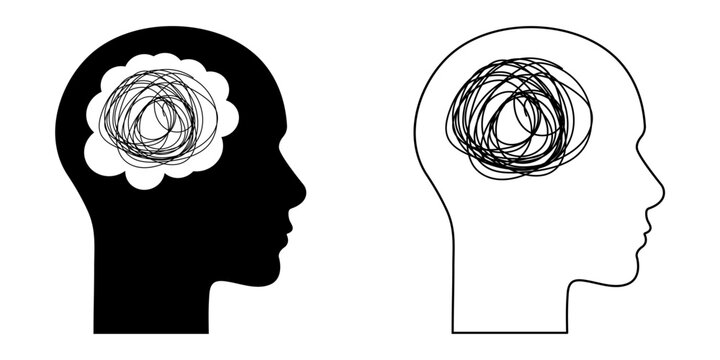Human heads with tangled line inside