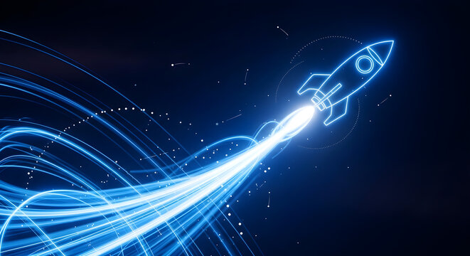 A glowing blue rocket ship blasts off into the dark night sky with vibrant streaks of light