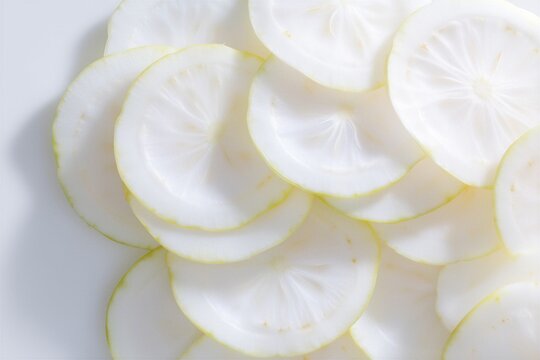 Close-up macro view of thin slices of fresh white radish or daikon arranged in an overlapping pattern on a white surface, highlighting natural textures and translucent details for cooking.