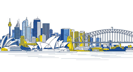 Naklejka premium Sydney Skyline Illustration: Opera House, Harbour Bridge, Modern Buildings