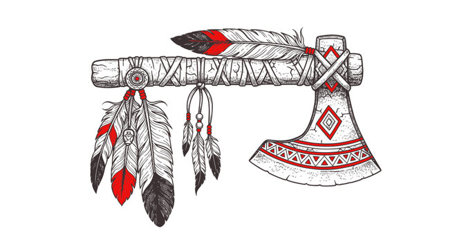 Native American Tomahawk Axe with Feathers - Tribal Warrior Weapon Illustration