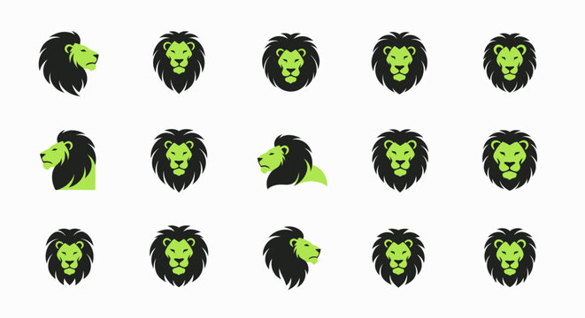 Set of Lion Head Icons, Minimalist Design, Green and Black Colors, Vector Graphics