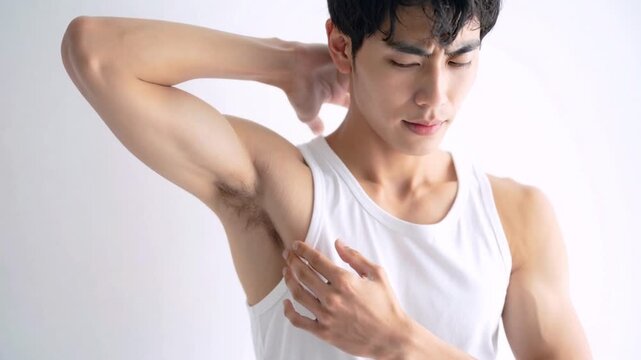 脇を触って顔をしかめる若い筋肉質な男性　脇汗・ニオイの悩み　メンズ脱毛・制汗・ボディケアのイメージ