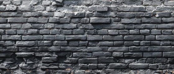 Fototapeta premium A dark panoramic brick wall with aged black masonry and rough, shabby texture, evoking an urban grunge and industrial atmosphere.