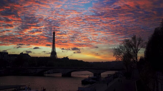 Paris Eiffel Tower in France at sunset static shot