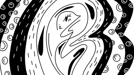 Abstract Surreal Woman Face Line Art Illustration with Fluid Waves and Patterns
