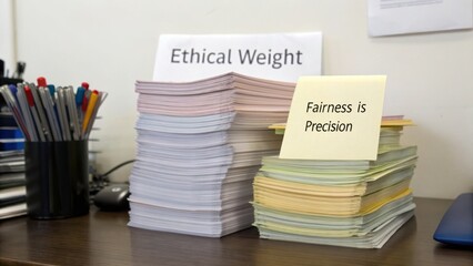 Fototapeta premium Stacks of Paper with Ethical Weight Sign and Post-it Note about Fairness on an Office Desk Surrounded by Writing Instruments