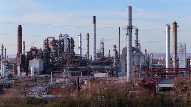 Aerial video of the Stanlow manufacturing complex in Cheshire, England, showcasing the density of the industrial infrastructure, cooling towers, and chimneys