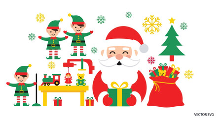 Fototapeta premium Santa Claus and Elves Making Christmas Toys with Presents and Snowflakes