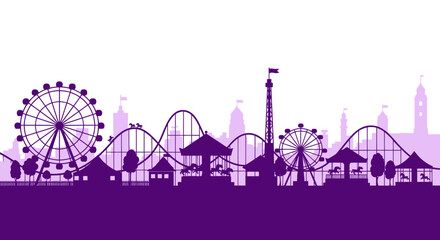 Amusement Park Skyline Silhouette: Ferris Wheel, Roller Coaster, Carousel, Funfair