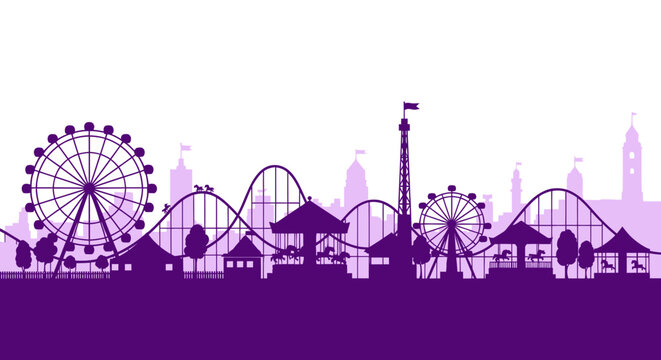 Amusement Park Skyline Silhouette: Ferris Wheel, Roller Coaster, Carousel, Funfair