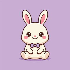 Fototapeta premium Cute cartoon white rabbit with purple bow tie on a light purple background, adorable animal illustration.