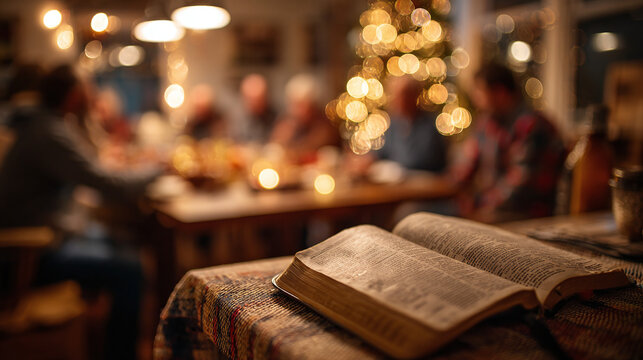 bible study gathering with christian group in warm atmosphere and inviting bokeh background showing spiritual practice scripture learning prayer and church fellowship concept