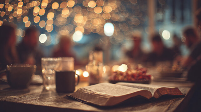 christian group gathered for bible study in warm inviting setting with soft bokeh background highlighting spiritual practices fellowship scripture discussion and faith community