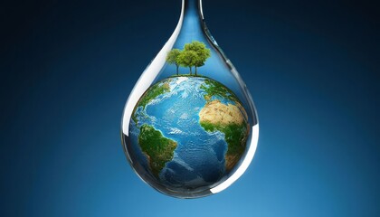 Naklejka premium A water droplet encapsulates a small Earth, featuring lush trees. The Earth and trees demonstrate a connection between nature and water.
